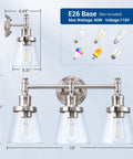 All In One 5 Piece Bathroom Light Set With 3 Light Brushed Nickel Vanity Light Glass Shades dimensions and bulb types