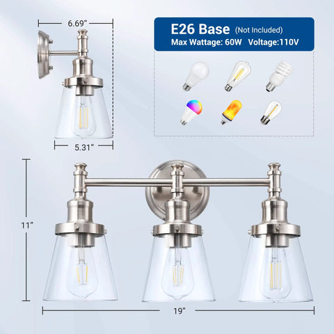 All In One 5 Piece Bathroom Light Set With 3 Light Brushed Nickel Vanity Light Glass Shades dimensions and bulb types