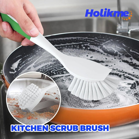 Holikme 6-pack green kitchen scrub brush with white bristles, front view cleaning a frying pan.