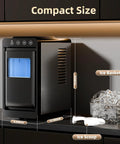 Portable Ice Maker With Self Cleaning Function 8 Cubes In 6 Minutes 26 Lbs Per Day Countertop Ice Machine shown with ice scoop and basket