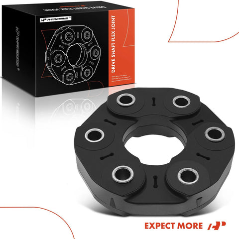 Front view of black A-Premium drive shaft flex joint coupling with six bearing sleeves.