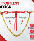 Two Pack Ratchet Chain Load Binder Set With Quarter Inch To Five Sixteenths Inch 12 Foot G80 Heavy Duty Chain, 2600 Lbs WLL Binder, 3150 Lbs WLL Chain, showing effortless design with red powder-coated finish for secure tie down and safe transport.