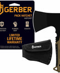 Compact Pack Hatchet With 3.5 Inch Steel Blade, Full Tang, Ergonomic Rubber Grip, brown handle, nylon sheath, product packaging