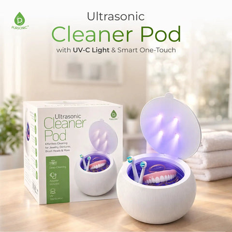 Compact Ultrasonic Cleaner Pod With Uv C Light And Smart One Touch Mode For Rapid Deep Washing of dental tools and jewelry.