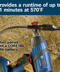 Cordless 18V Heat Gun Bare Tool For Quick Heat Up And High Temp 930F Max with battery runtime details on dirt surface