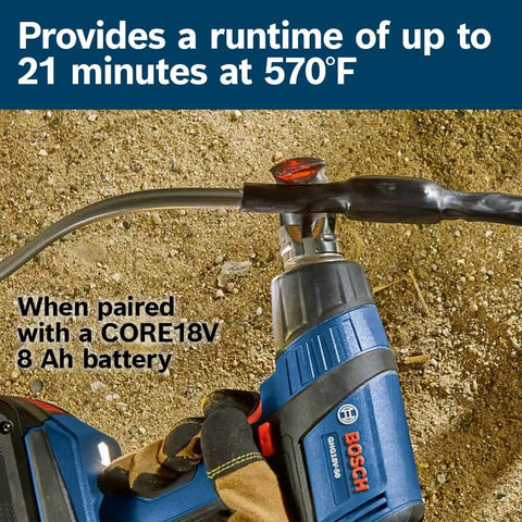 Cordless 18V Heat Gun Bare Tool For Quick Heat Up And High Temp 930F Max with battery runtime details on dirt surface