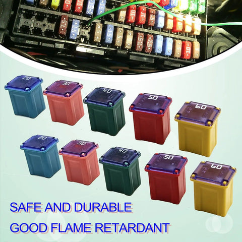 Built Tough Low Profile Fuse Assortment Kit For Trucks Cars And Suvs Includes Ten Pcs Road Ready Box Blade Micro Cartridge Fuses With Copper Contacts Rated At Twenty Thirty Forty Fifty And Sixty Amps, featuring various colored fuses.
