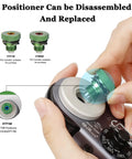 Hands demonstrating removal of positioner from camera, showcasing product's disassembly feature.