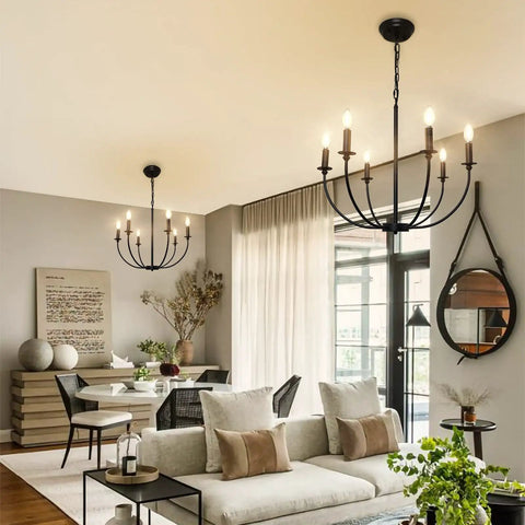 Six Light Black Farmhouse Industrial Metal Chandelier With Classic Candle Pendant Style in modern living room setting