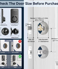 Keyless Entry Door Lock With Handle Set Built In WiFi Fingerprint App Control Doorbell No Key Hassle Smart Home Ready Electronic Keypad Deadbolt One Time Code Auto Lock Easy To Install For Airbnb Home And Office shown with specifications and measurements for installation