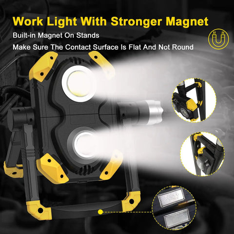 6000 Lumen Magnetic Base Work Light With 360 Degree Rotation And 7000K Warm LEDs, showing stronger magnet feature.