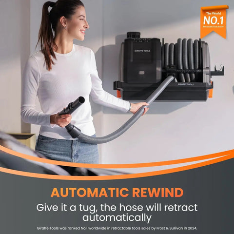 Person using Grandstorm Retractable Wall Mounted Wet Dry Vacuum Cleaner with 30 Ft Hose and 6 Nozzles for Car Detailing.