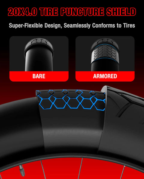 Puncture Proof Tire Insert For 20x4 Fat Bike Tires With 15mm Anti-Puncture Layer shown on armored and bare setups
