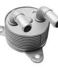 Premium Aluminum Transmission Oil Cooler With 8 Cooling Rows For Mazda 3 And CX-5 Models 2.0L Engines From 2012 To 2014 Keeps Your Ride Fresh And Running Smooth Like A Dream On Any Day. silver aluminum cooler with two pipe fittings and mounting tabs