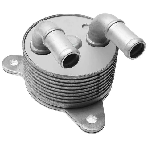 Premium Aluminum Transmission Oil Cooler With 8 Cooling Rows For Mazda 3 And CX-5 Models 2.0L Engines From 2012 To 2014 Keeps Your Ride Fresh And Running Smooth Like A Dream On Any Day. silver aluminum cooler with two pipe fittings and mounting tabs
