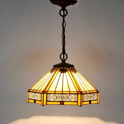 Tiffany Style Yellow Hexagon Pendant Light Fixture With Stained Glass, 12 Inch Wide Shade, Mission Hanging Lamp, lit