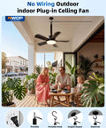 NWOP 20 Inch Outdoor Ceiling Fan with Light, 5 Blade Remote Patio Fan hanging above a family enjoying coffee on a porch.