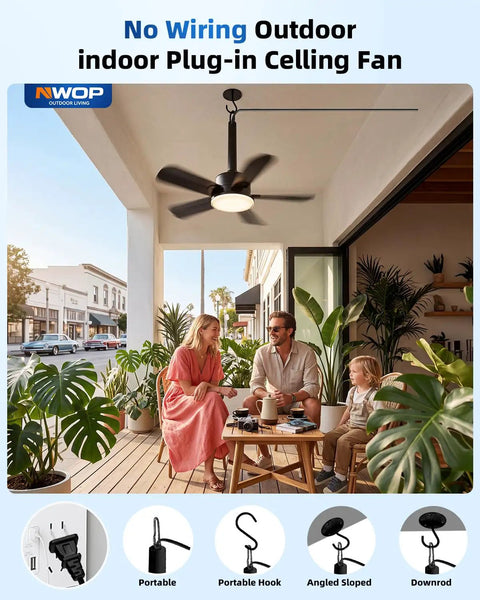 NWOP 20 Inch Outdoor Ceiling Fan with Light, 5 Blade Remote Patio Fan hanging above a family enjoying coffee on a porch.