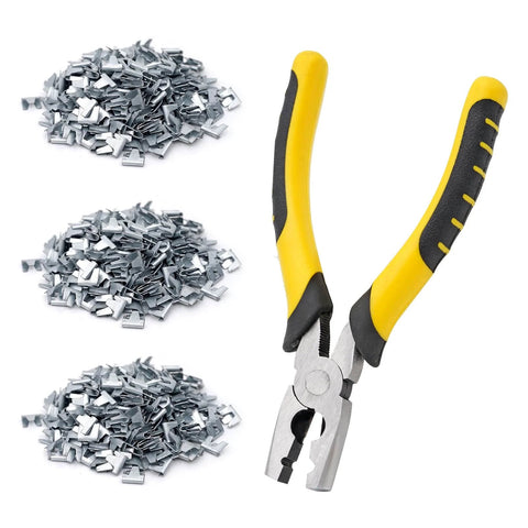 900 Piece Wire Cage Clips Kit With 1 Snap Plier For Chicken Coops And Pet Cages Hog Ring Pliers Set shown with piles of clips