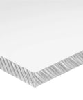 Close-up of clear extruded acrylic sheet 3/32 inch thick 24 by 24 inch budget friendly plexiglass alternative for windows displays shelving DIY projects.