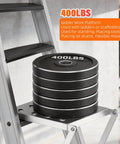 Heavy Duty Foldable Ladder Platform With Rock Solid Anti Slip Work Shelf Alloy Steel Step Attachment And Project Tray For Paint Gear Holds 400 Lbs Jobsite Ready with stacked weight plates.