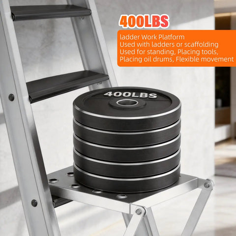 Heavy Duty Foldable Ladder Platform With Rock Solid Anti Slip Work Shelf Alloy Steel Step Attachment And Project Tray For Paint Gear Holds 400 Lbs Jobsite Ready with stacked weight plates.