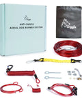 Heavy-Duty Backyard Dog Zip Line System With Anti-Shock Coiled Cable and Rugged Trolley kit components displayed