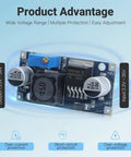 Five Pack LM2596 Buck Converter Step Down Modules 3.0 To 40V Input 1.5 To 35V Adjustable Output Voltage Regulator Power Supply With LED Indicator For DIYers Great For Hobbyists And Makers, close-up view showing voltage range and protections.