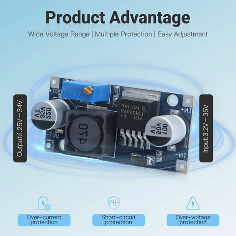 Five Pack LM2596 Buck Converter Step Down Modules 3.0 To 40V Input 1.5 To 35V Adjustable Output Voltage Regulator Power Supply With LED Indicator For DIYers Great For Hobbyists And Makers, close-up view showing voltage range and protections.