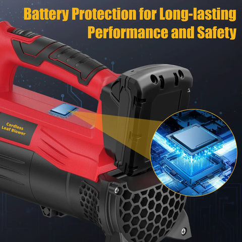 Cordless Leaf Blower With 18V Battery Compatibility 450 CFM Airflow And 130 MPH Speed Copper Motor close-up with battery slot