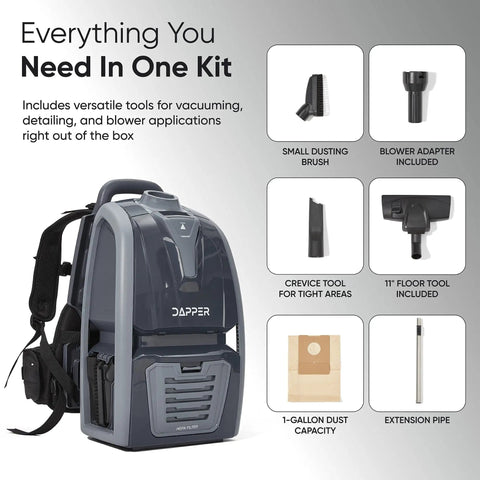 Dapper Commercial Backpack Vacuum Cleaner Lightweight 11Lb With HEPA Filter 2 In 1 Vacuum And Blower 50 Ft Cord 1200W For Hard Floors Carpet Stairs And Tight Spaces Ultimate Cleaning Solutions