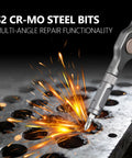 Close-up of All-Purpose 42-In-1 Magnetic Ratchet Screwdriver Set with S2 Steel Bit creating sparks on metal surface.