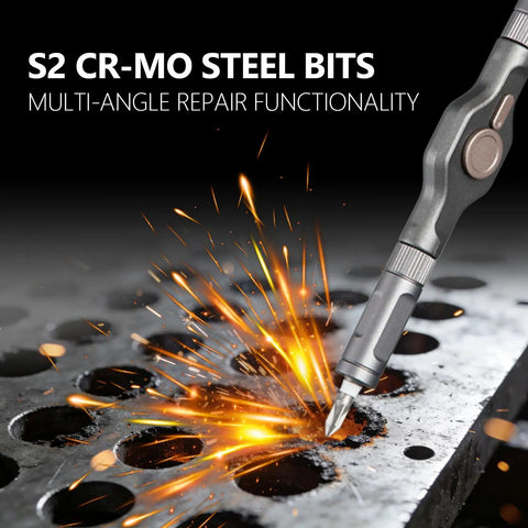 Close-up of All-Purpose 42-In-1 Magnetic Ratchet Screwdriver Set with S2 Steel Bit creating sparks on metal surface.
