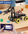 ACEBOTT robot arm expansion pack smart car kit with app control; black chassis, yellow wheels, exposed wiring