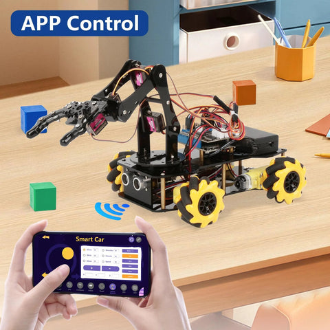 ACEBOTT robot arm expansion pack smart car kit with app control; black chassis, yellow wheels, exposed wiring