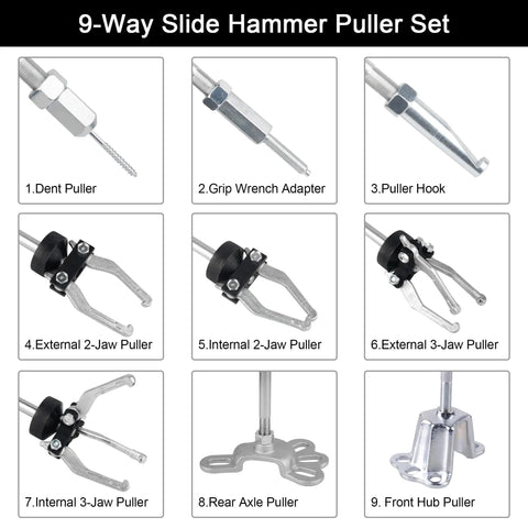 9 Way Slide Hammer Puller Set With Internal And External Jaws For Bearings Gears And Seals, Axle And Hub Removal Tool Kit