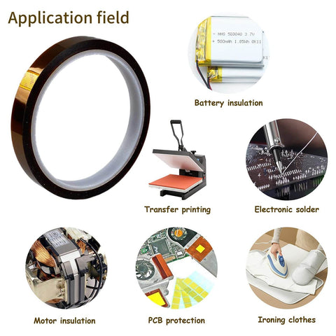 Heat resistant tape applications for battery insulation, transfer printing, electronic solder, motor insulation, PCB protection, ironing.