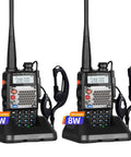 Upgraded 8W Handheld Ham Radio UV-5R 2nd Gen Two-Pack with metal front shell and headset on charging stands