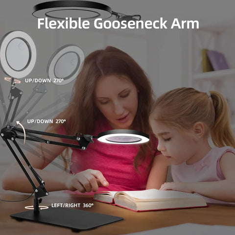 Mother and daughter using Gooseneck Lamp Magnifier With Stand 10x And 5x Zoom Three Color Modes on a desk while reading a book.