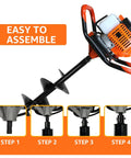 Beast 62cc Two-Stroke Gas Powered Post Hole Digger with assembly steps and auger bits in detail