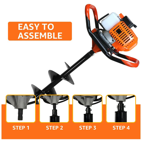 Beast 62cc Two-Stroke Gas Powered Post Hole Digger with assembly steps and auger bits in detail