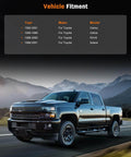 Image showing vehicle fitment years and models for Toyota including Camry, Celica, RAV4, Solara next to a truck on a scenic road.