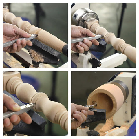 Do-It-All Carbide Tipped Wood Lathe Turning Tool Set With Rubber Handles in use for precision woodwork and hollowing.