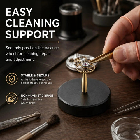 Precision Balance Wheel Holder For Mechanical Watches With Non Magnetic Brass Pin And Anti Slip Base in use on workbench