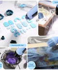 Collage showcasing a Resin Heat Gun For Crafting, 350W Dual Temp Hot Air Gun with silicone covers in various crafting uses