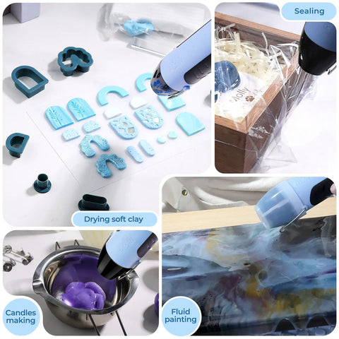 Collage showcasing a Resin Heat Gun For Crafting, 350W Dual Temp Hot Air Gun with silicone covers in various crafting uses