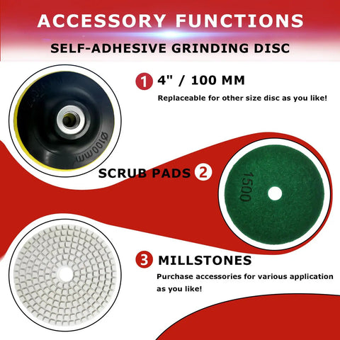 Accessory functions for 4 inch pads in Powerful 860W 110V Wet Polisher Grinder With Variable Speed Control Low Noise Wet Buffer