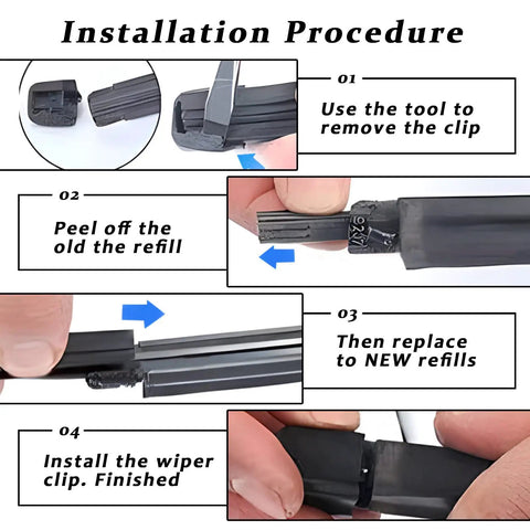 Installation guide for Top Shelf Hella Durable 4 Pack Frameless Windshield Wiper Blade Refills Easy Install All Season Natural Rubber.