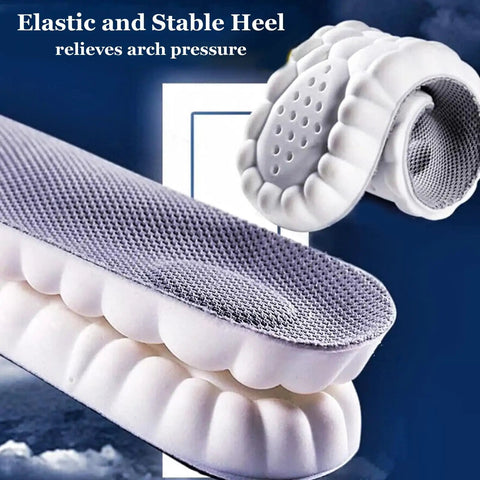 4D Cloud Technology Insoles showing U shape support and breathable Cloudsole foot cushions for all day comfy and shock absorption.