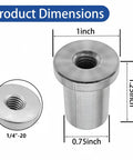 Hardcore Steel Chassis Mount Tab Weld On Nuts, 4 Pack 1/4 20 Threaded Inserts with dimensions 1 inch diameter and 1.25 inch height.